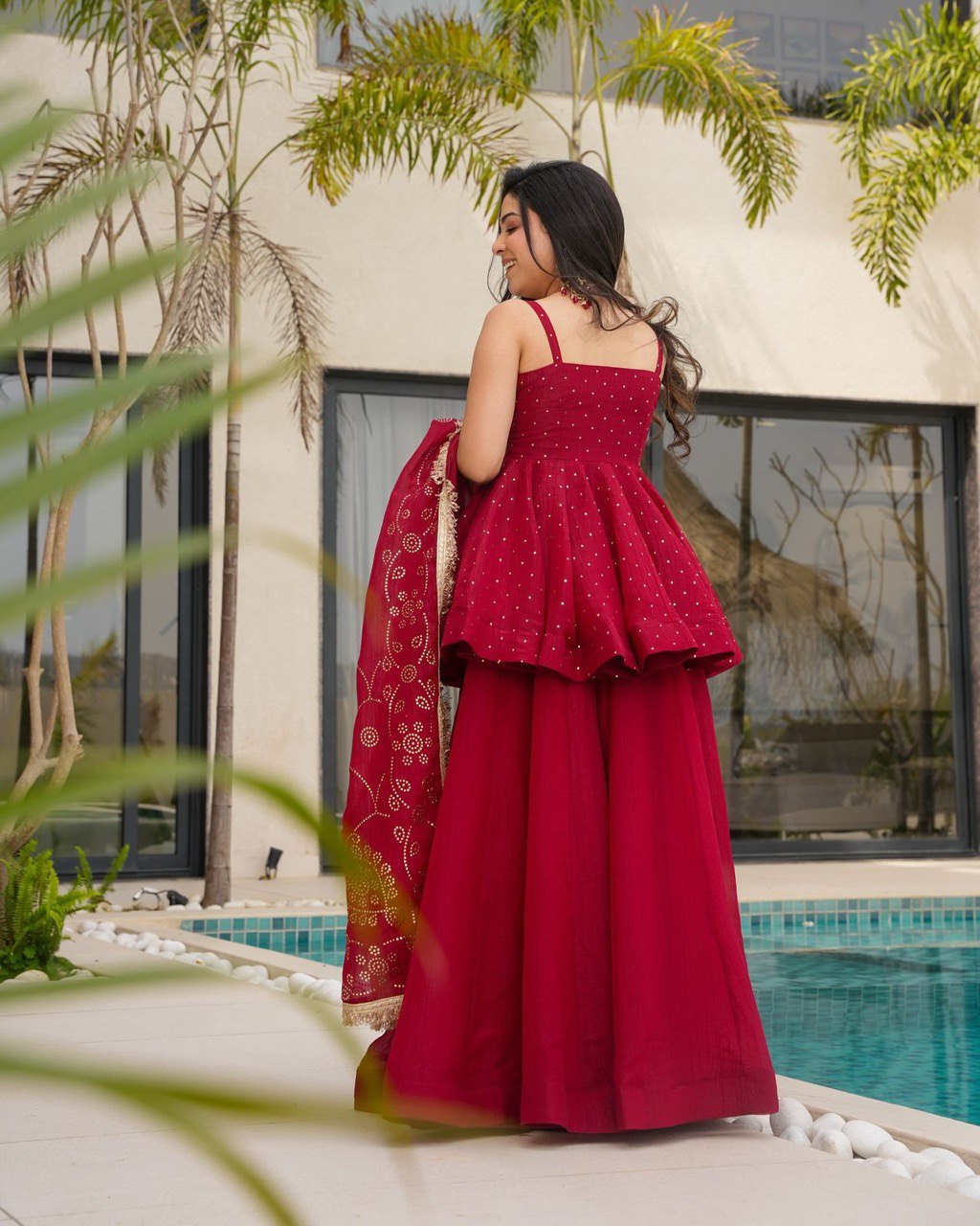 New Designer Party Wear Look Red Top-Plazzo and Dupatta