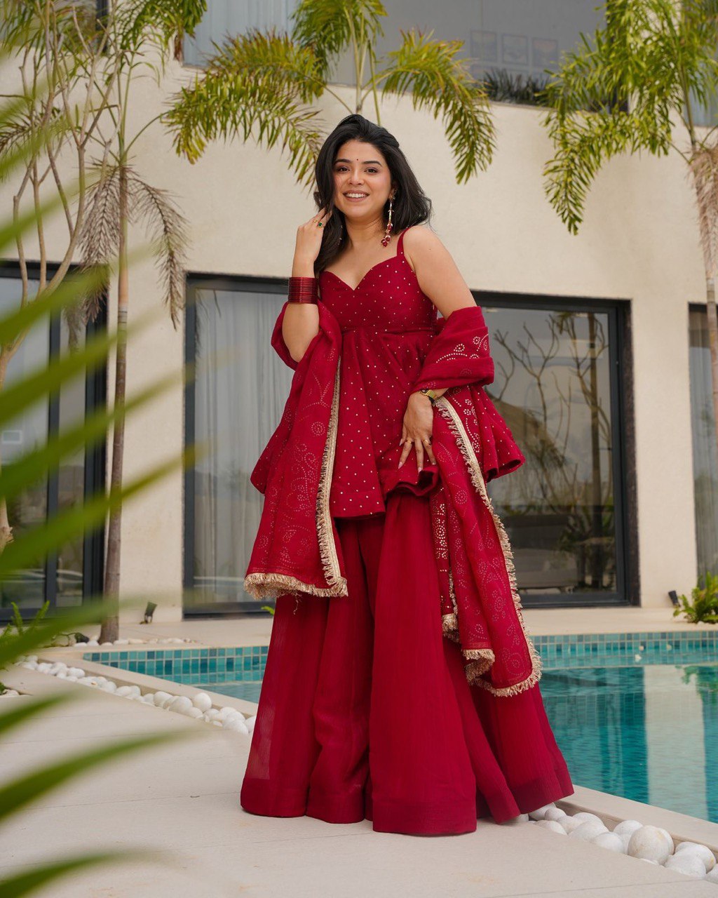 New Designer Party Wear Look Red Top-Plazzo and Dupatta
