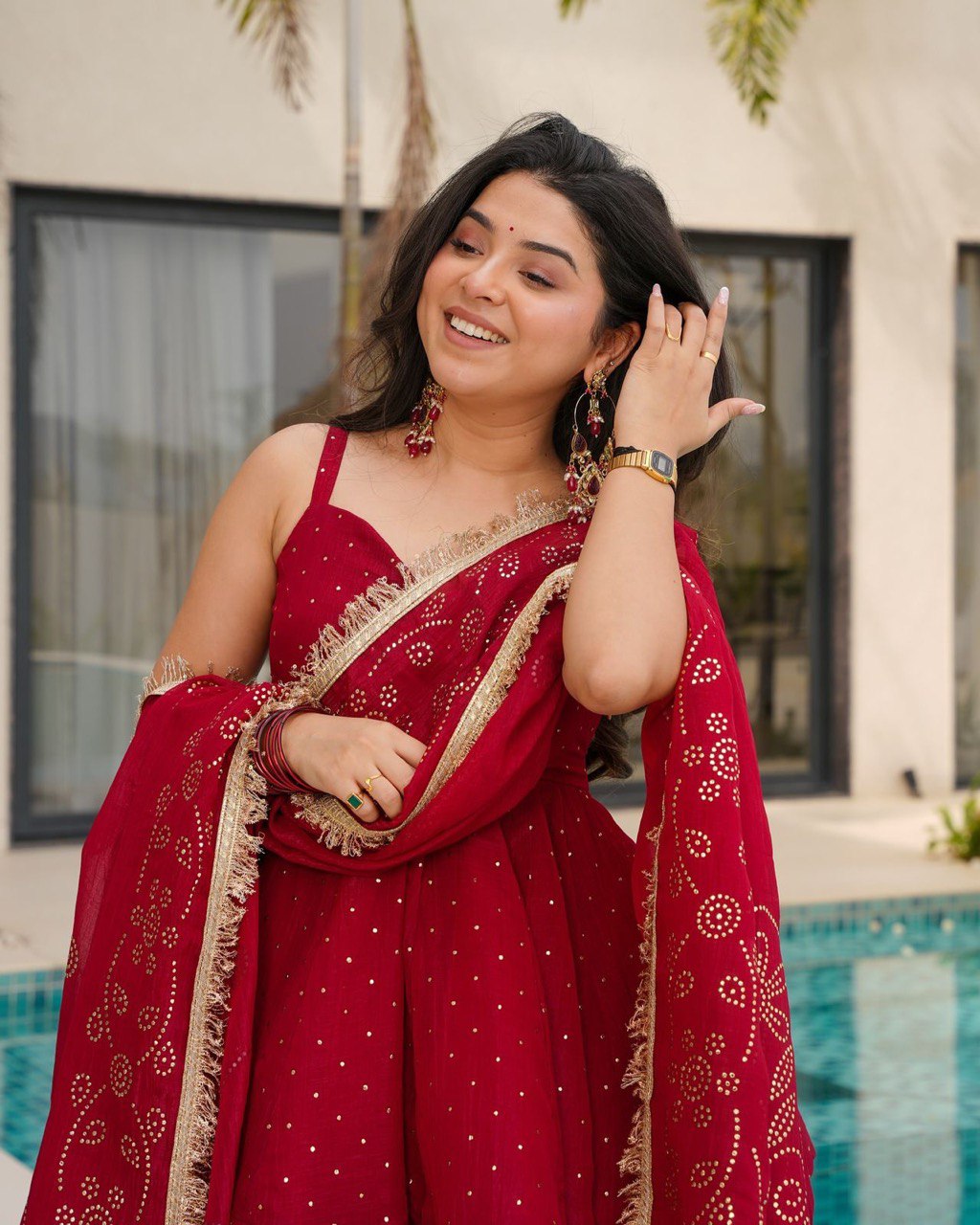New Designer Party Wear Look Red Top-Plazzo and Dupatta