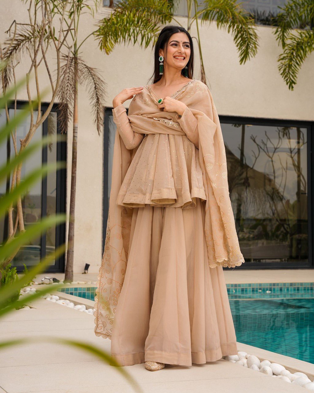 New Designer Party Wear Look Nude beige or Champagne Top-Plazzo and Dupatta