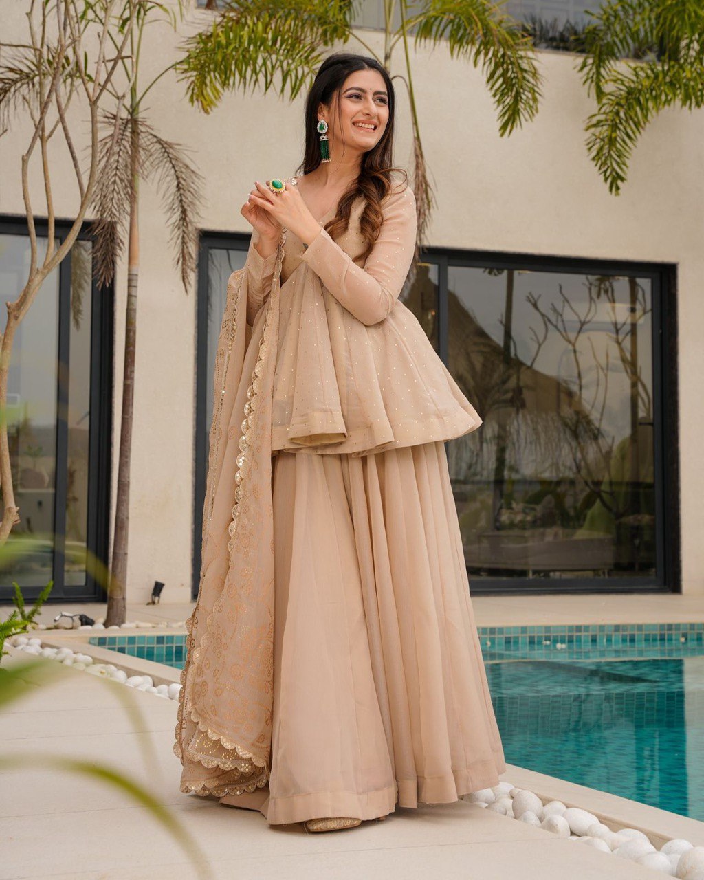 New Designer Party Wear Look Nude beige or Champagne Top-Plazzo and Dupatta