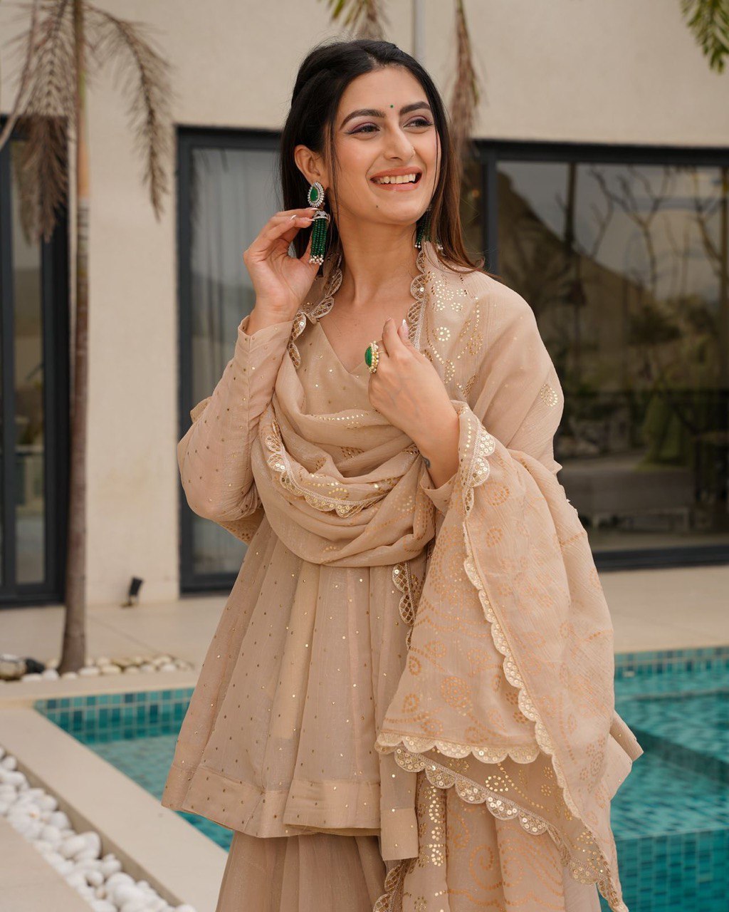 New Designer Party Wear Look Nude beige or Champagne Top-Plazzo and Dupatta