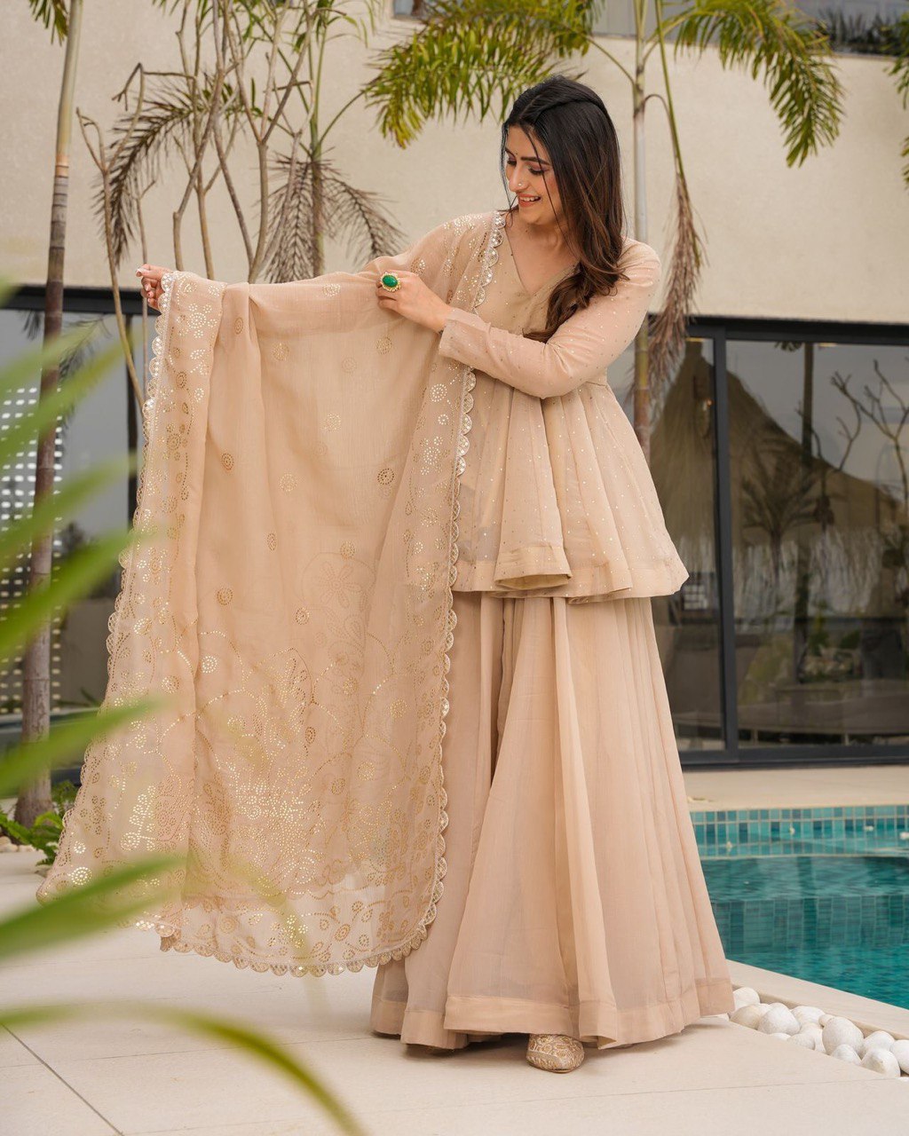 New Designer Party Wear Look Nude beige or Champagne Top-Plazzo and Dupatta