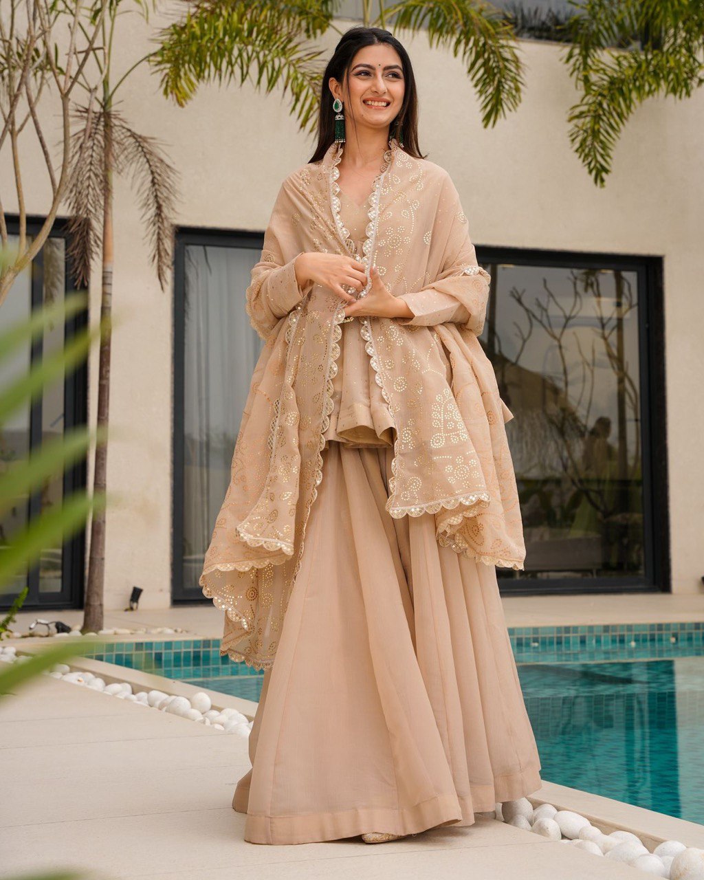 New Designer Party Wear Look Nude beige or Champagne Top-Plazzo and Dupatta
