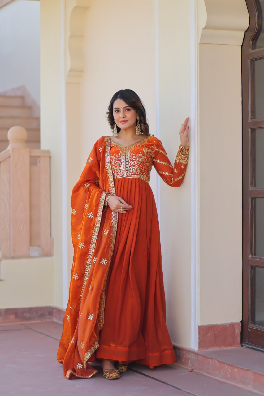 Fendy Fabric gown with Sequins-Multi Embroidered Work Dupatta