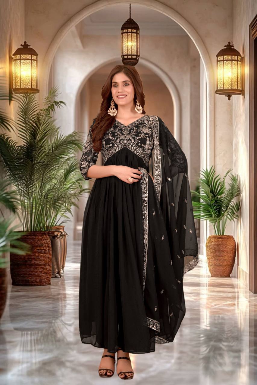Black Embroidery Gown With Dupatta And Pant