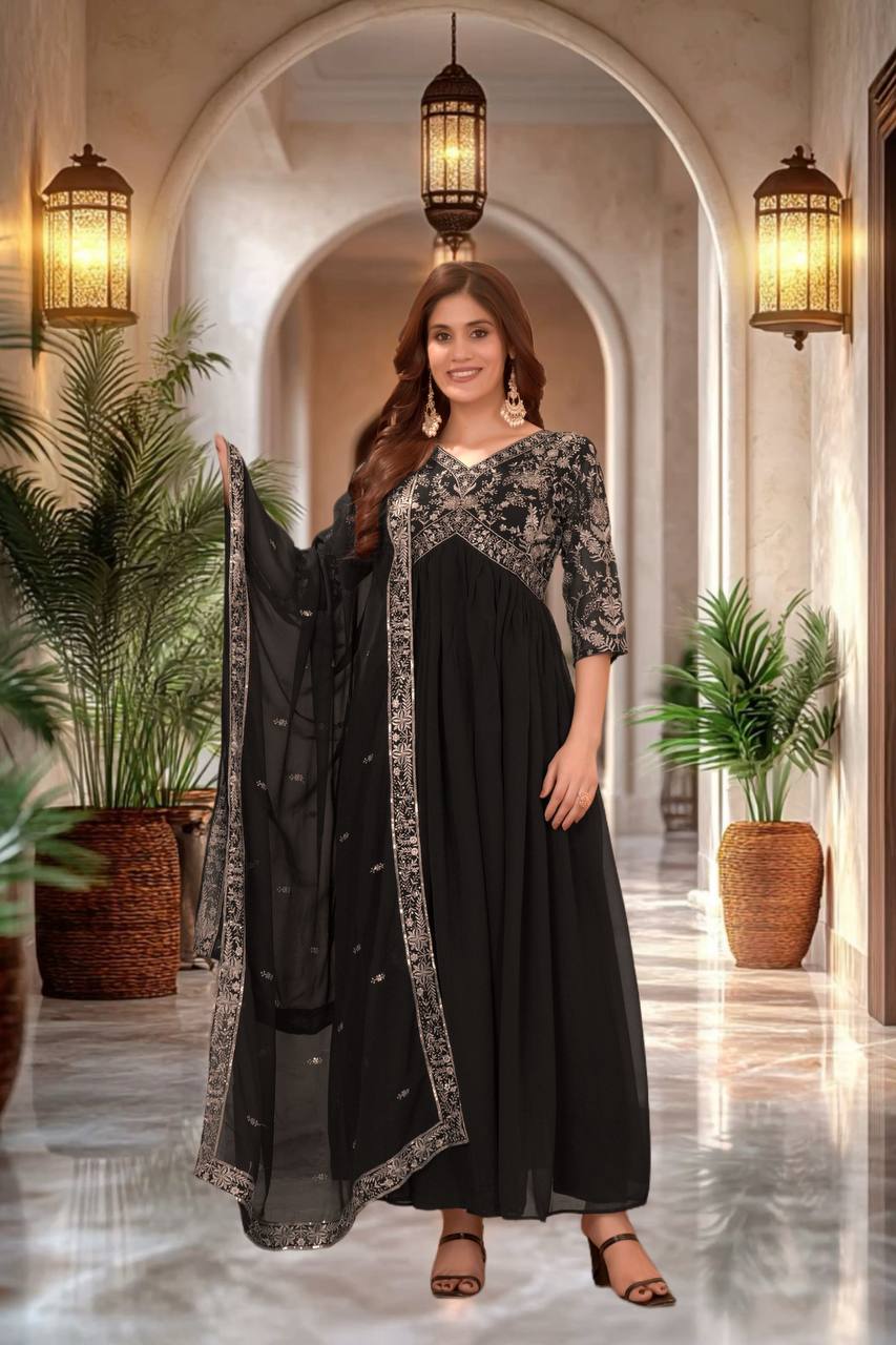 Black Embroidery Gown With Dupatta And Pant