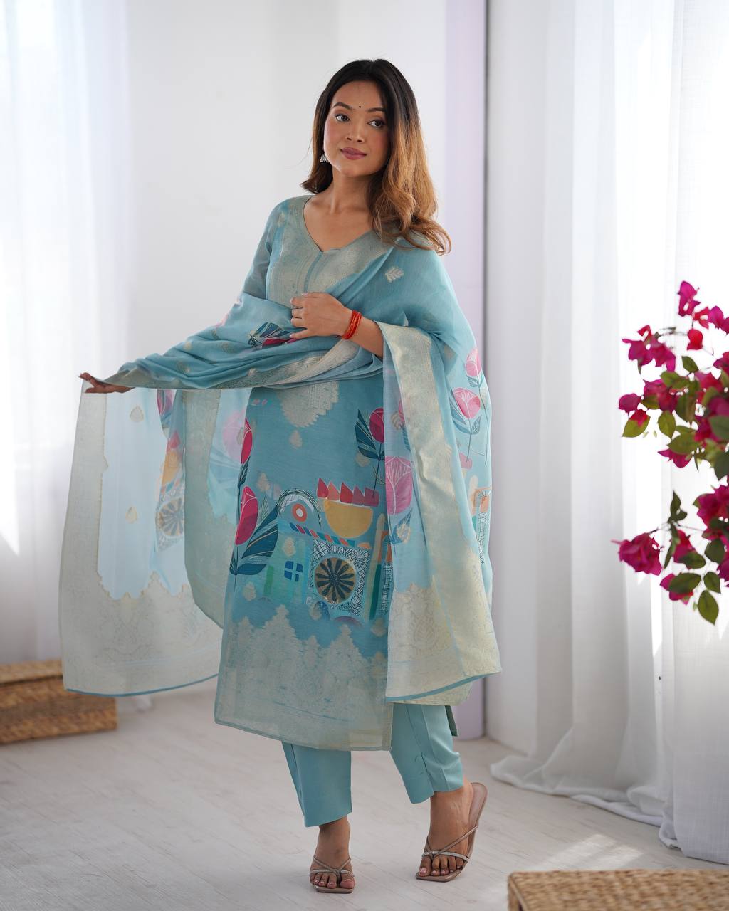 Sky / Aqua Pastel Chanderi Silk Jacquard Work With digital print