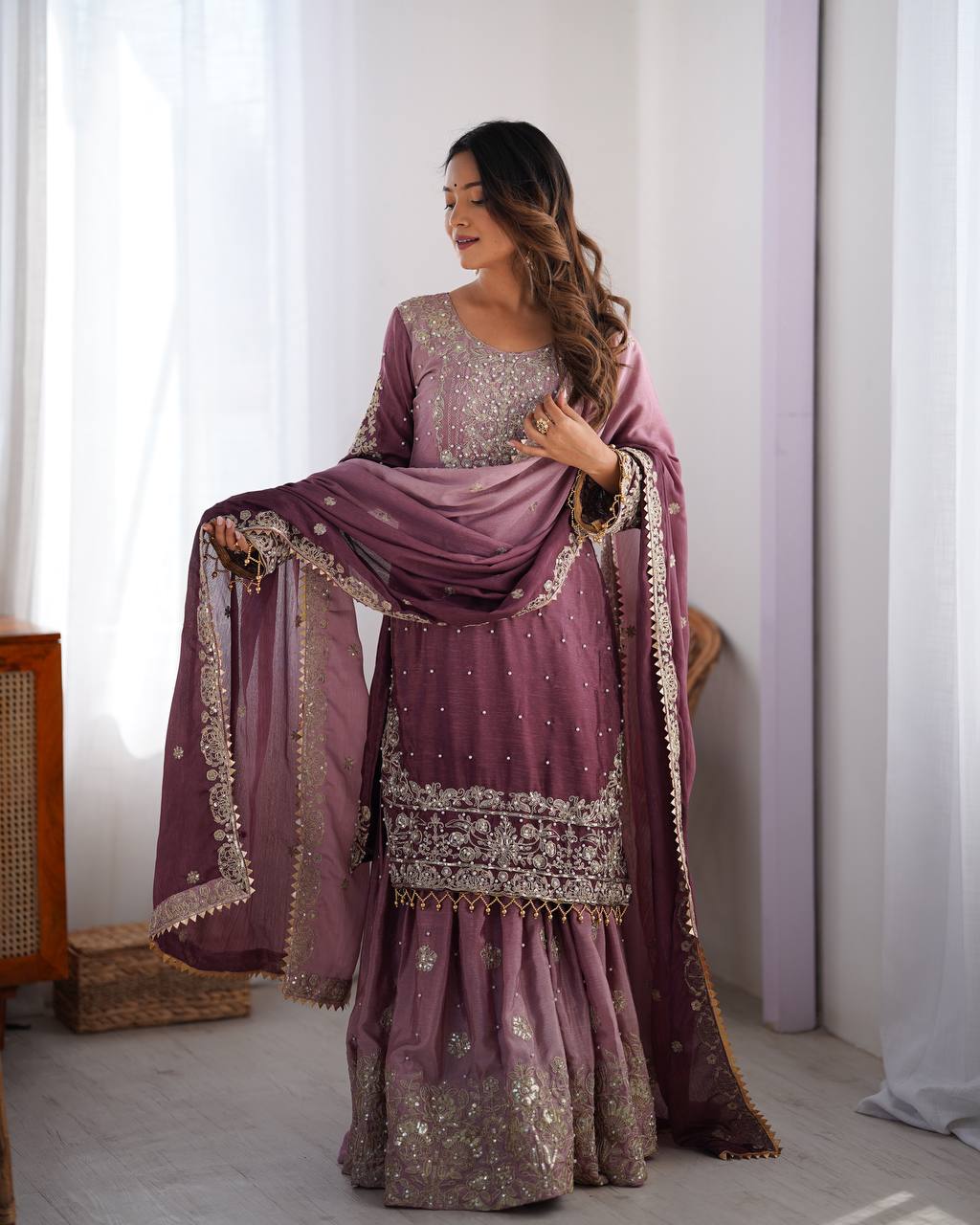 Orchid Gold Embroidered Chiffon Suit – 3 Piece