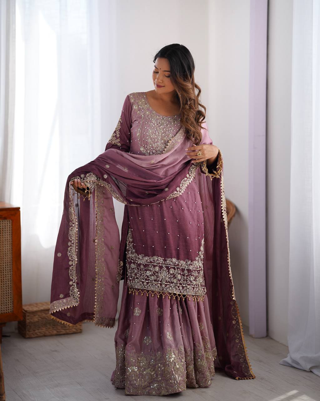 Orchid Gold Embroidered Chiffon Suit – 3 Piece
