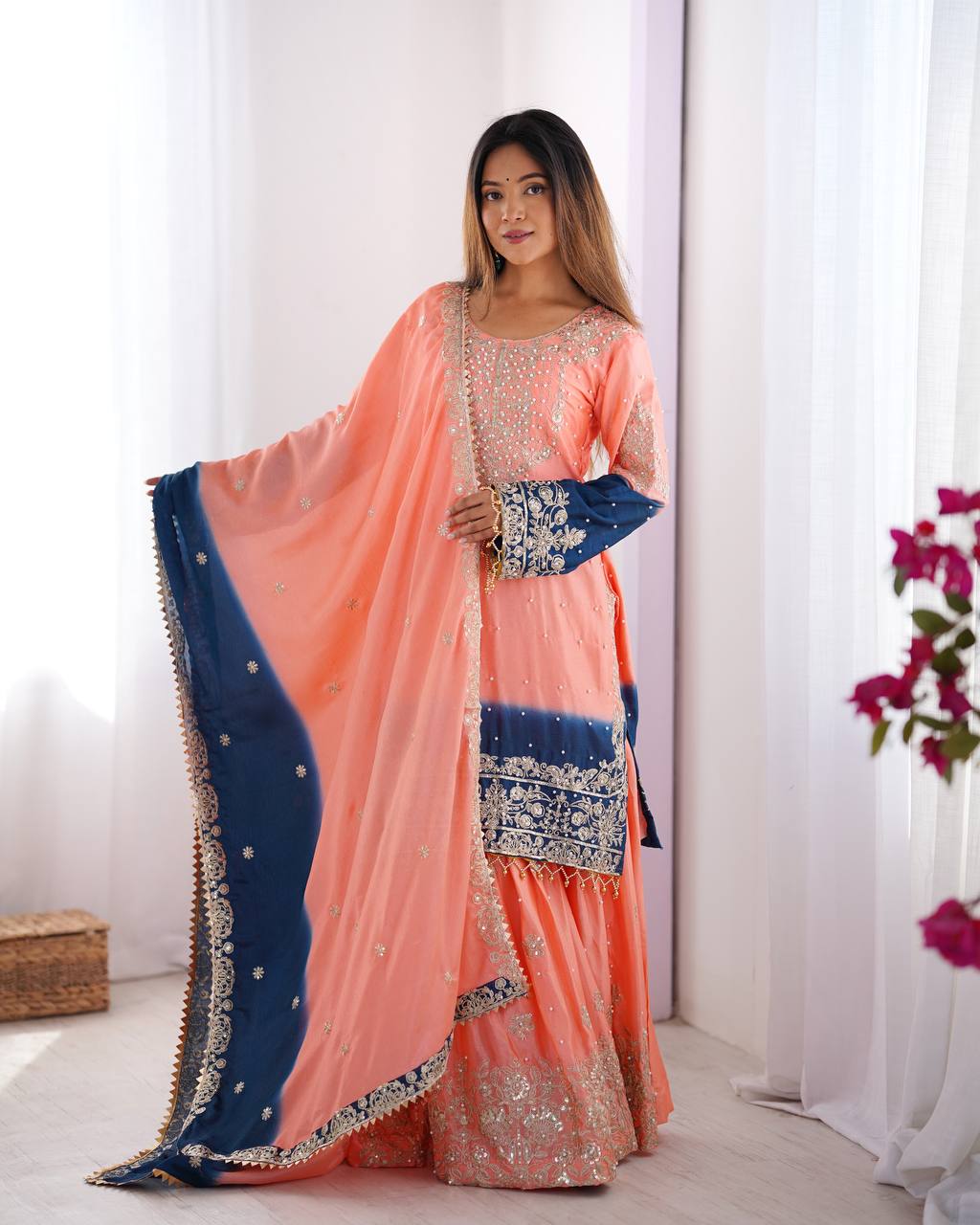 Orchid Gold Embroidered Chiffon Suit – 3 Piece