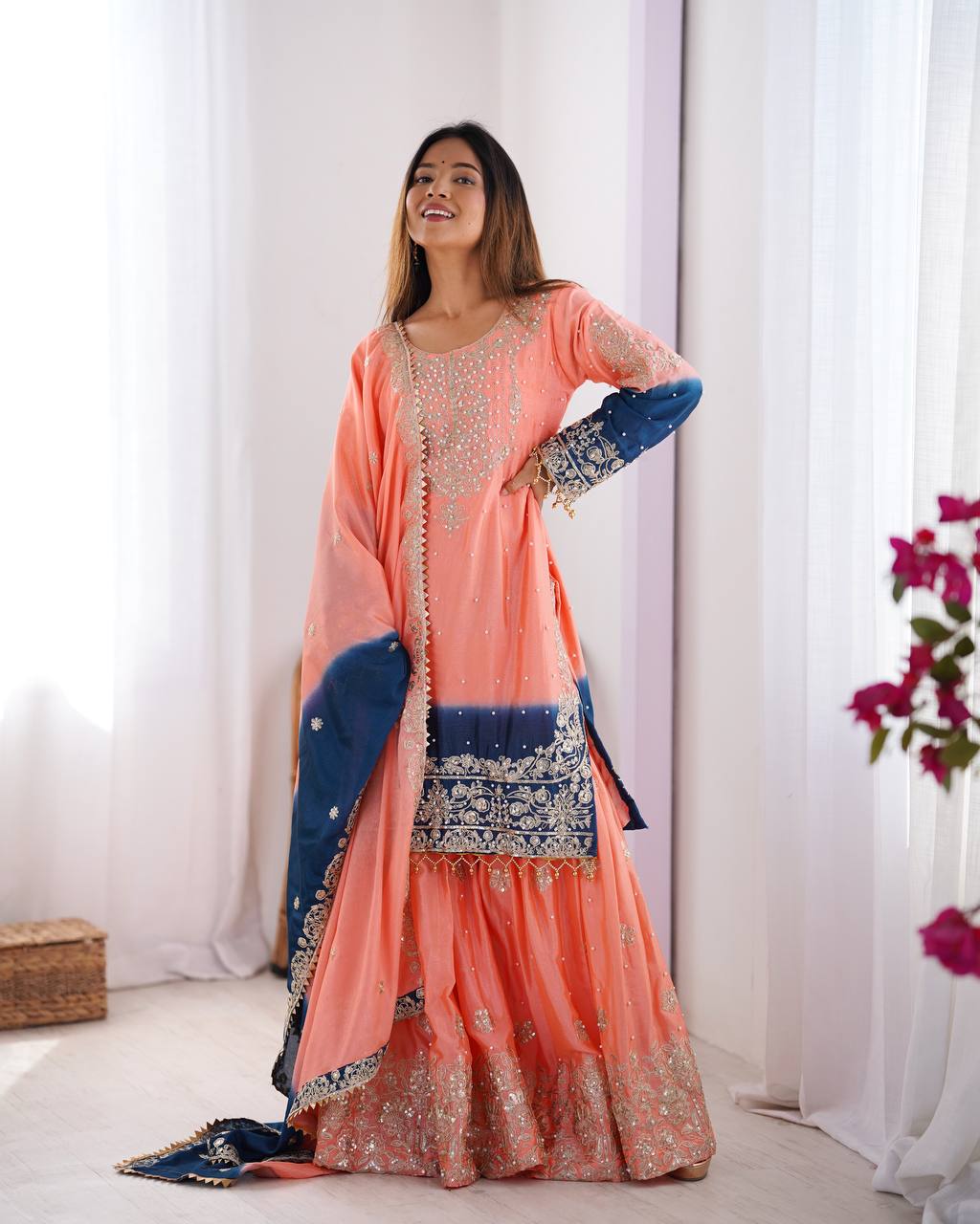Orchid Gold Embroidered Chiffon Suit – 3 Piece