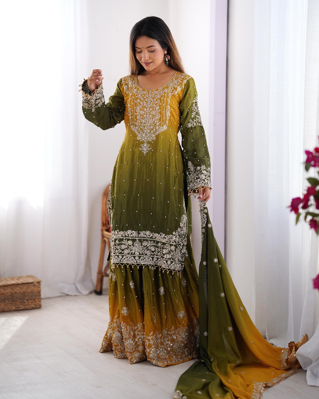 Orchid Gold Embroidered Chiffon Suit – 3 Piece
