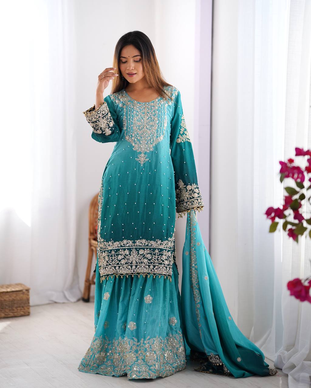 Orchid Gold Embroidered Chiffon Suit – 3 Piece