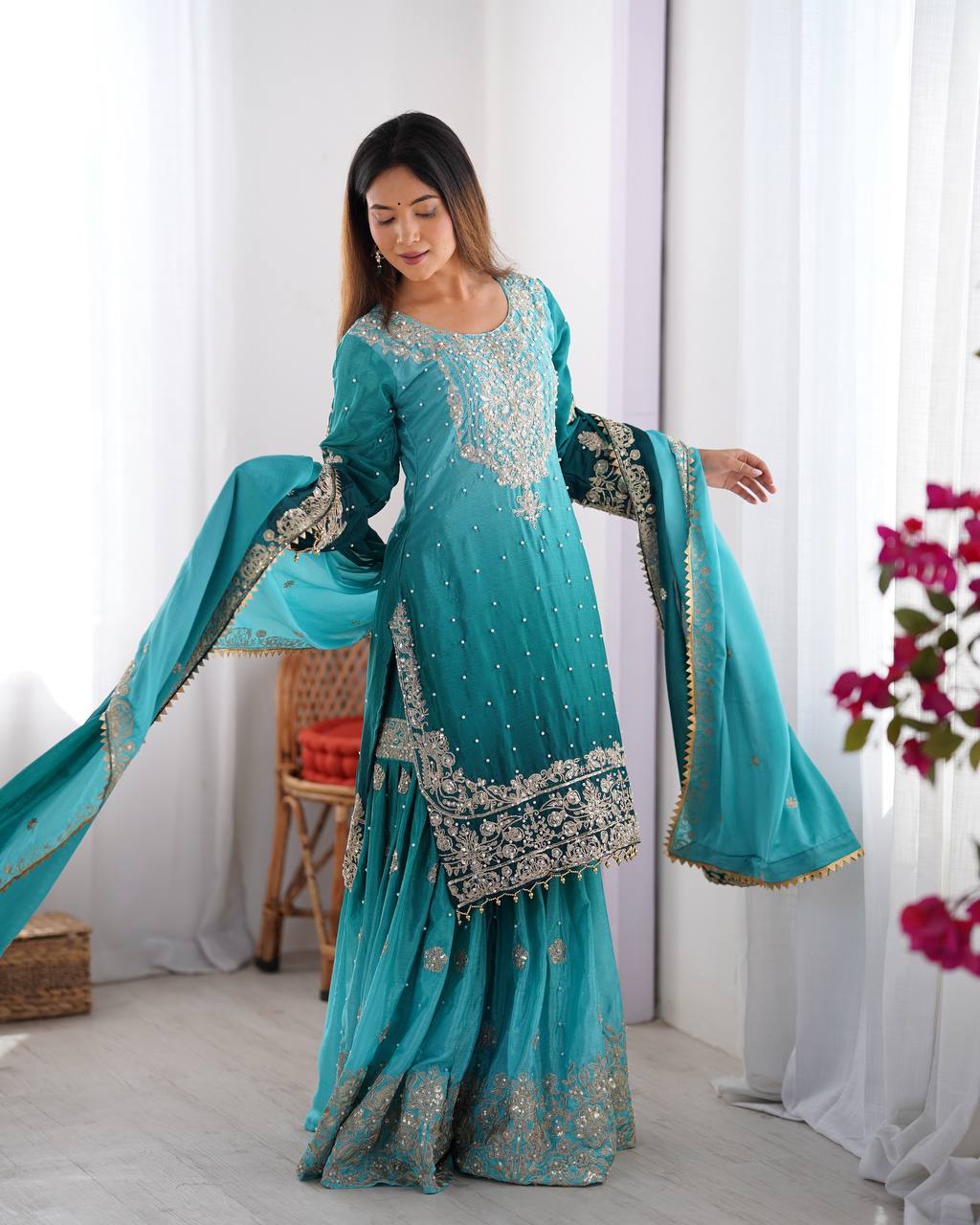 Orchid Gold Embroidered Chiffon Suit – 3 Piece