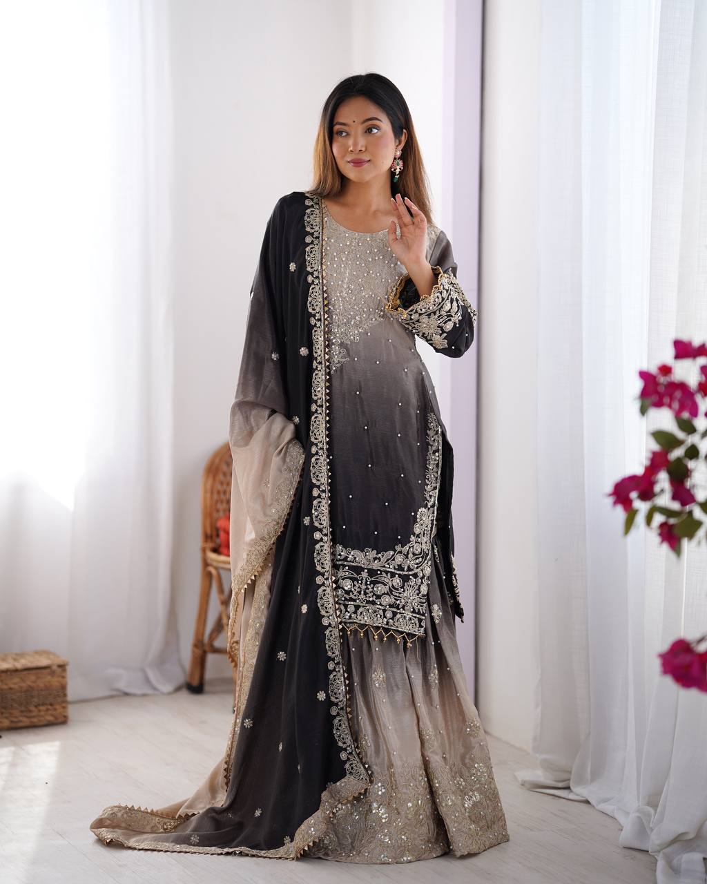 Orchid Gold Embroidered Chiffon Suit – 3 Piece