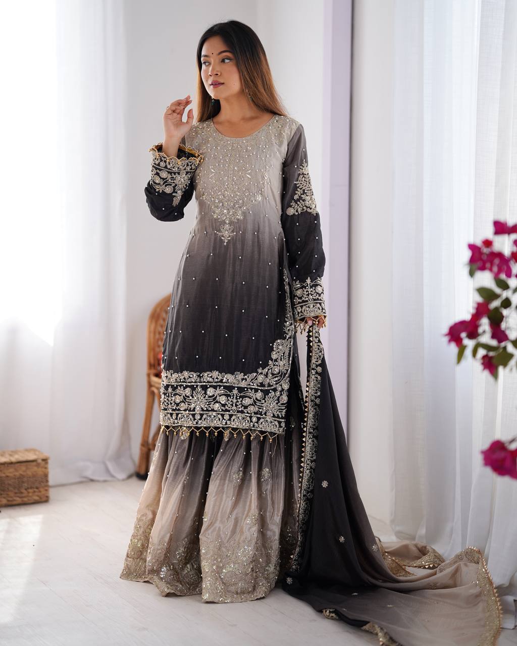 Orchid Gold Embroidered Chiffon Suit – 3 Piece