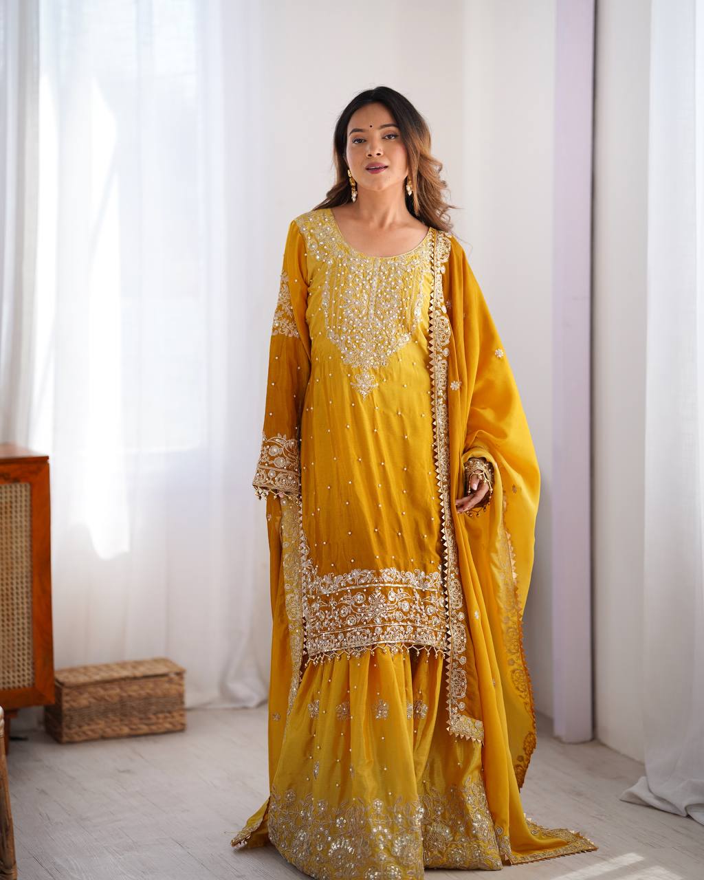 Orchid Gold Embroidered Chiffon Suit – 3 Piece
