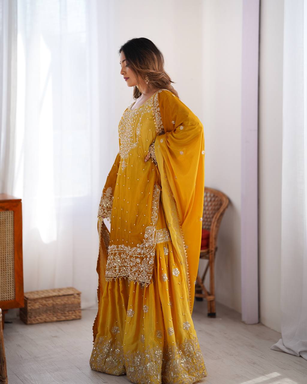 Orchid Gold Embroidered Chiffon Suit – 3 Piece