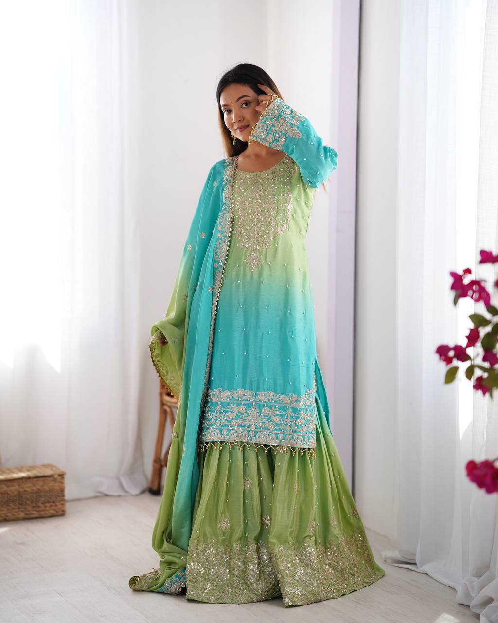 Orchid Gold Embroidered Chiffon Suit – 3 Piece