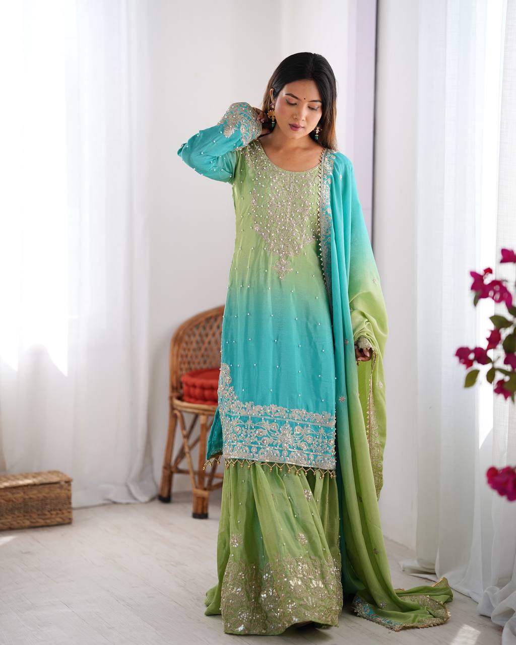 Orchid Gold Embroidered Chiffon Suit – 3 Piece