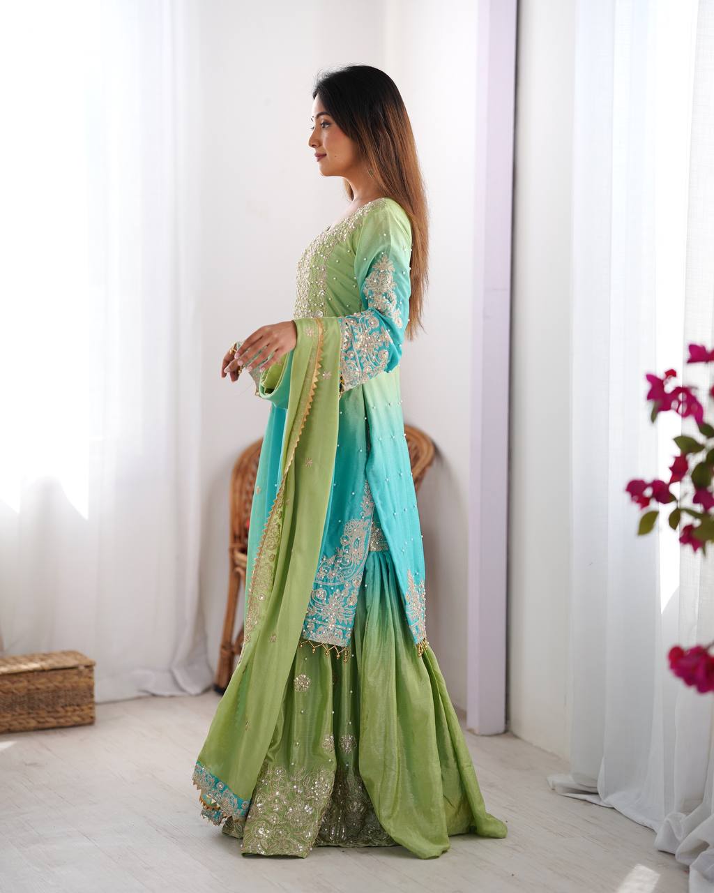 Orchid Gold Embroidered Chiffon Suit – 3 Piece