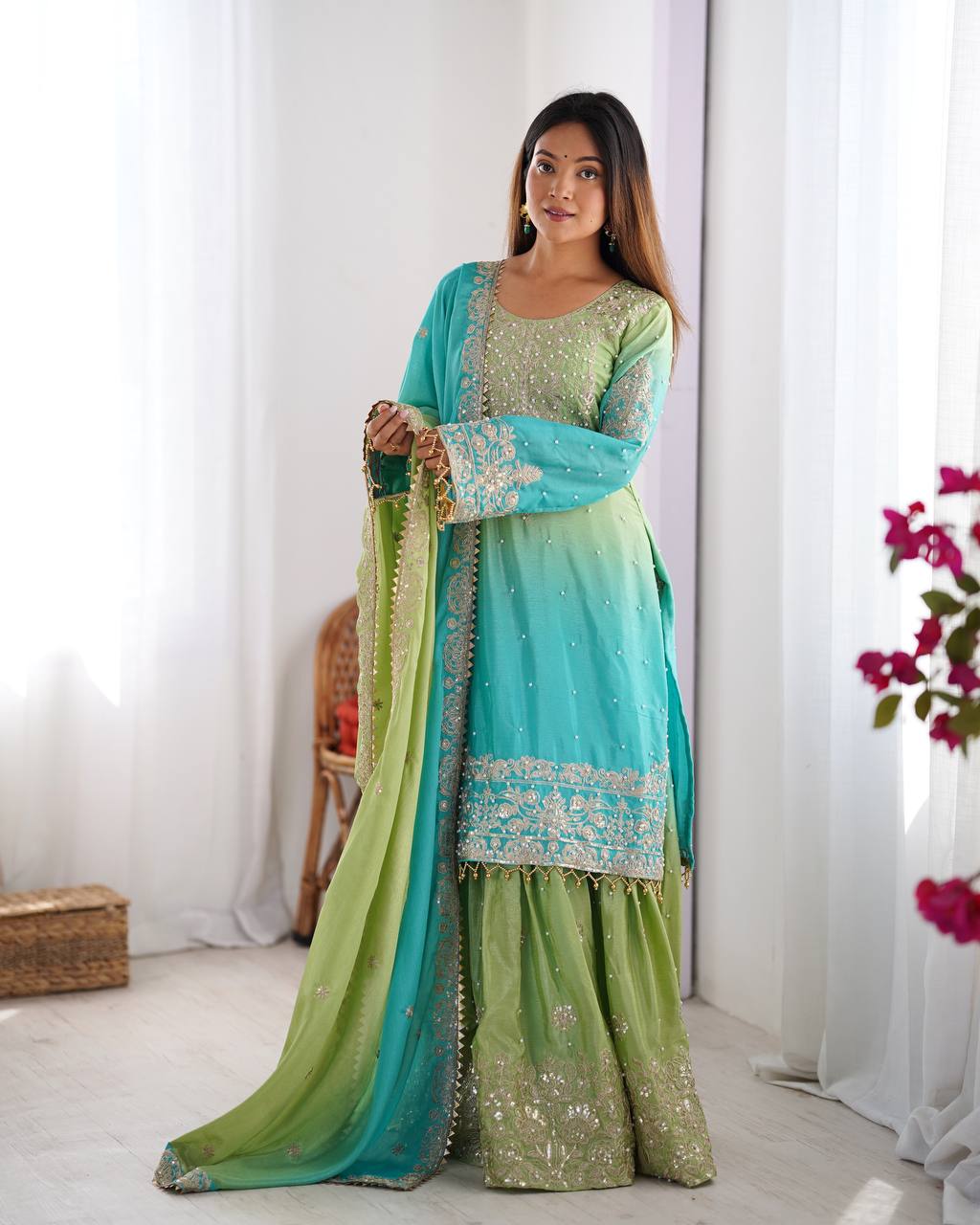 Orchid Gold Embroidered Chiffon Suit – 3 Piece