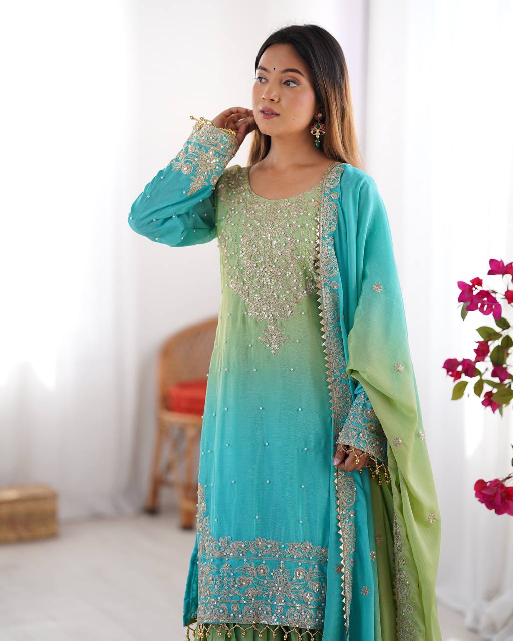 Orchid Gold Embroidered Chiffon Suit – 3 Piece