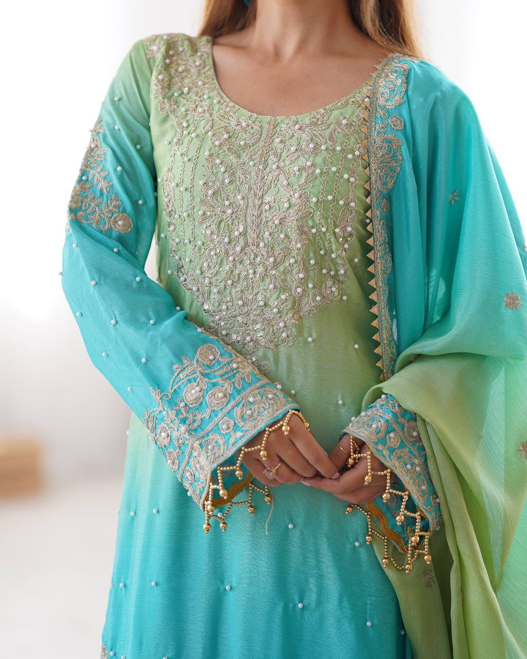 Orchid Gold Embroidered Chiffon Suit – 3 Piece