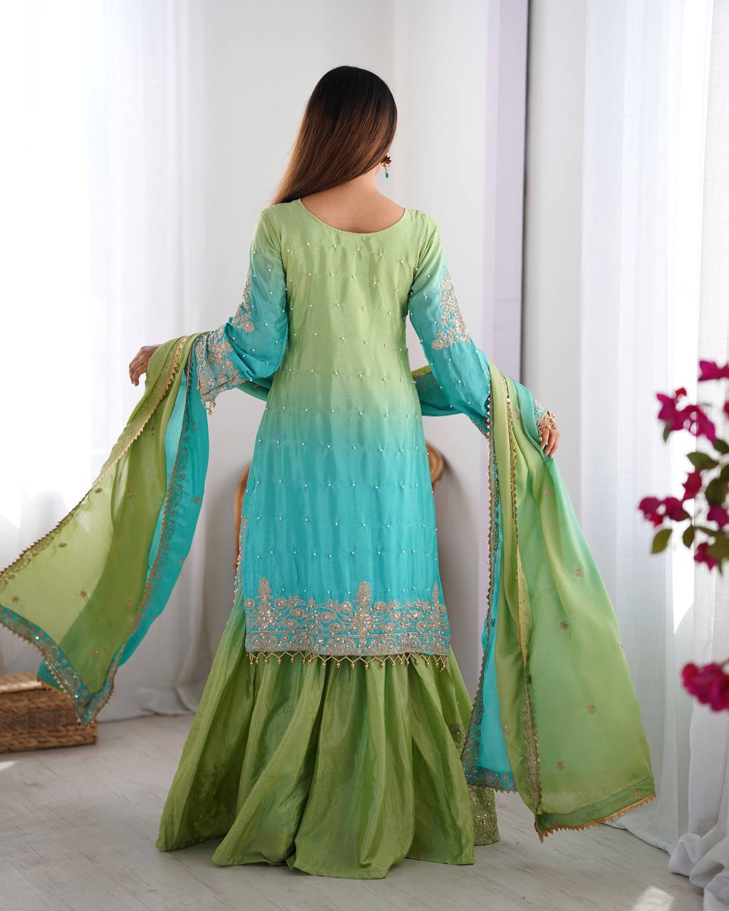 Orchid Gold Embroidered Chiffon Suit – 3 Piece