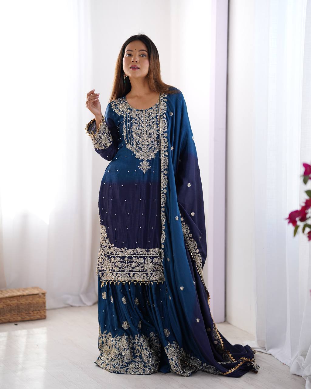 Orchid Gold Embroidered Chiffon Suit – 3 Piece