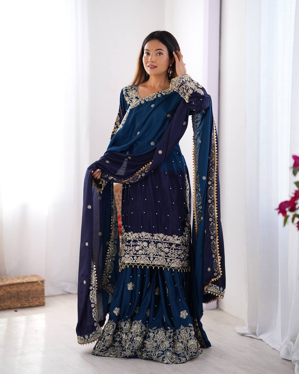 Orchid Gold Embroidered Chiffon Suit – 3 Piece