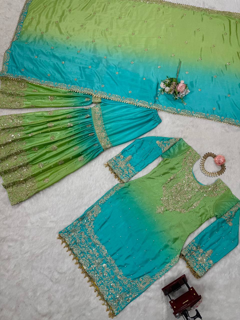 Orchid Gold Embroidered Chiffon Suit – 3 Piece