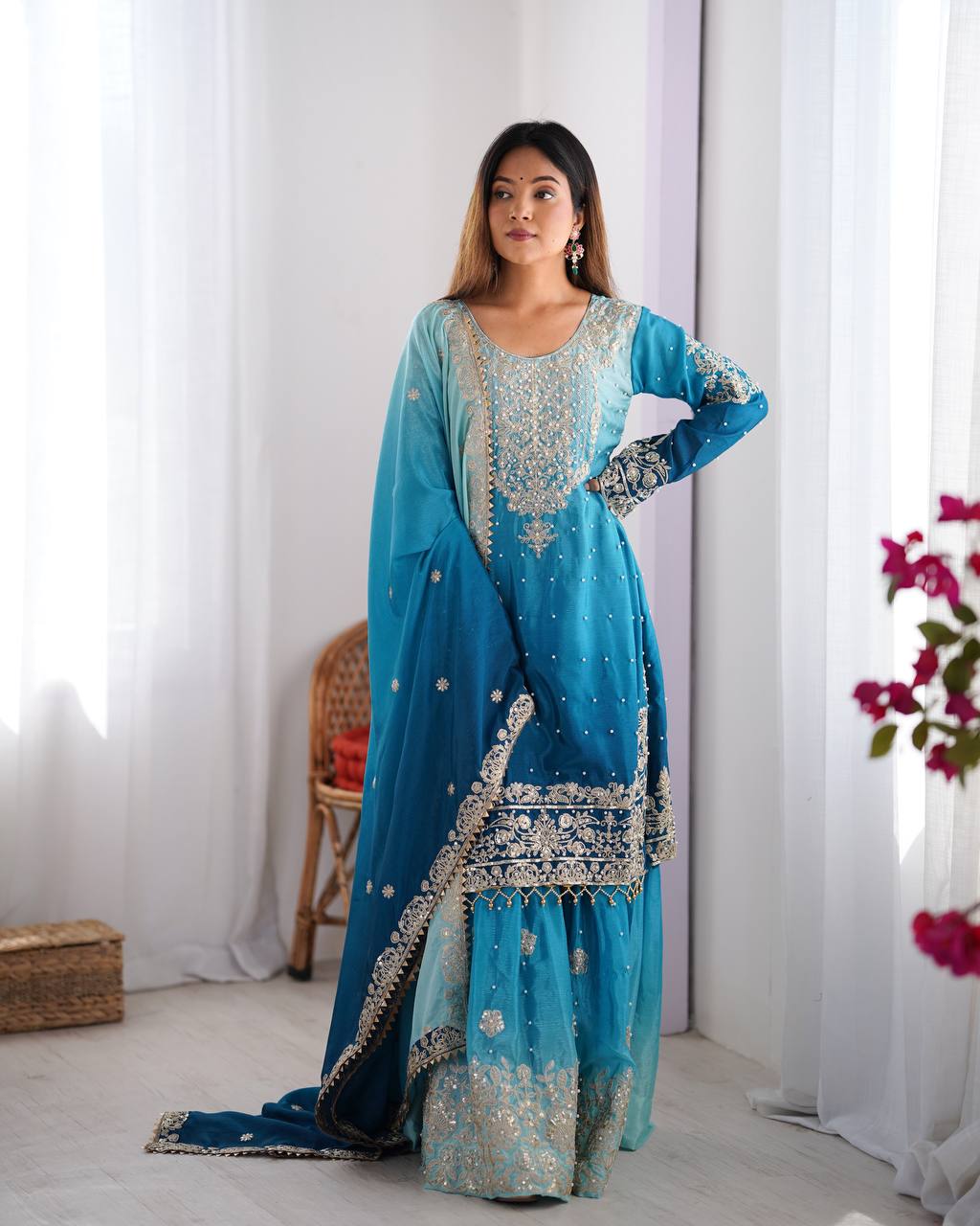 Orchid Gold Embroidered Chiffon Suit – 3 Piece