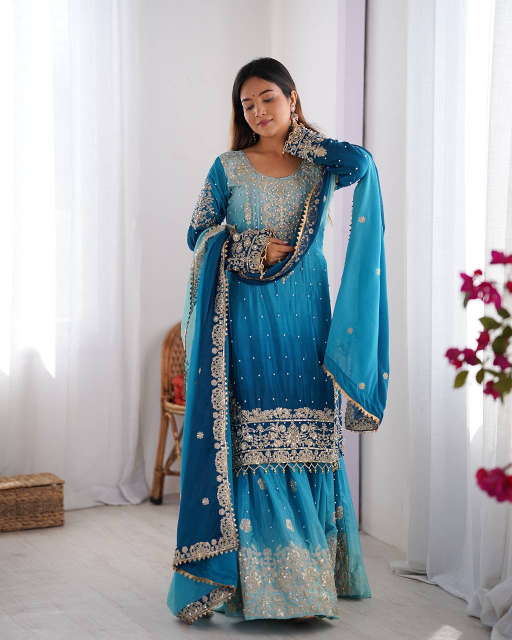 Orchid Gold Embroidered Chiffon Suit – 3 Piece