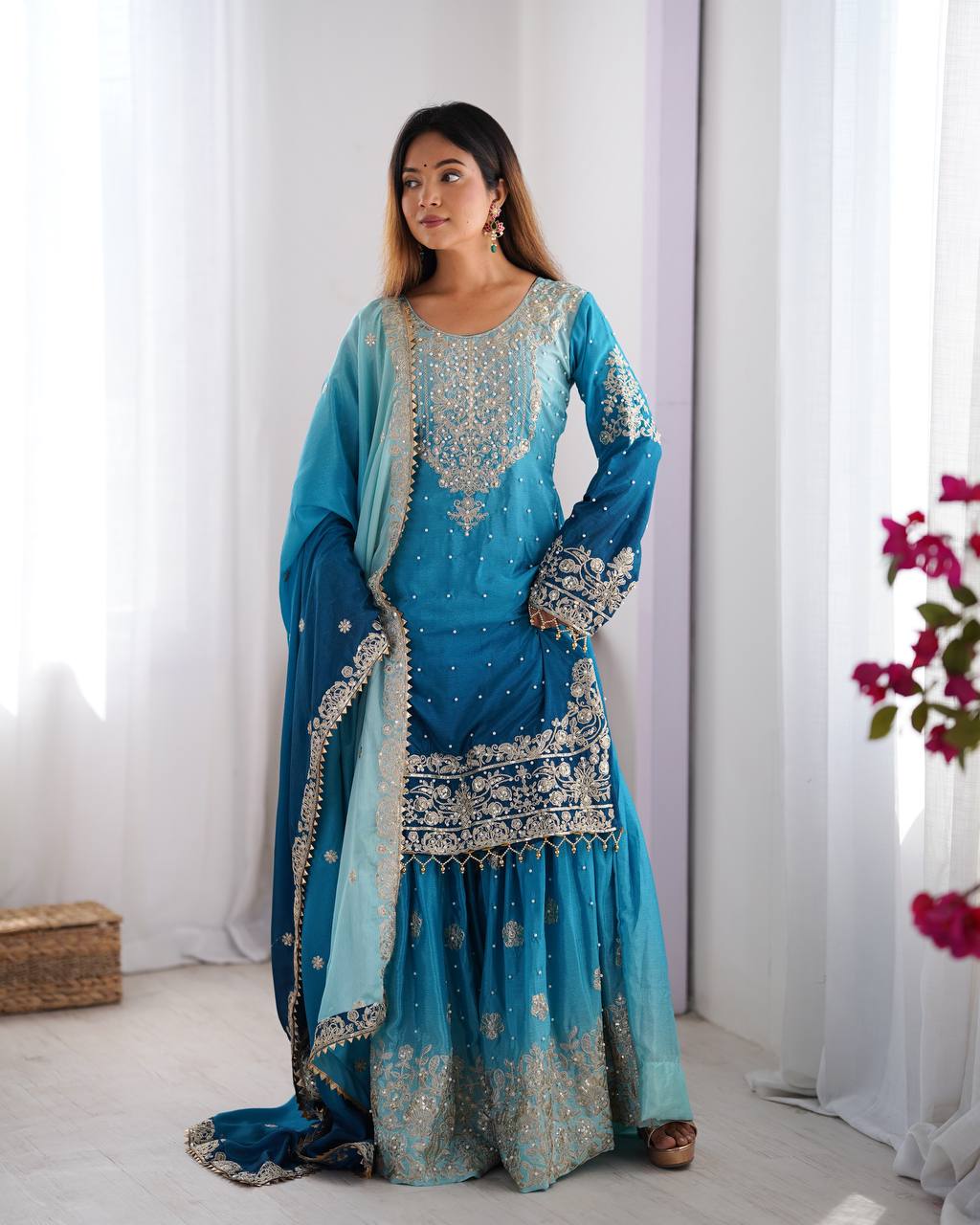Orchid Gold Embroidered Chiffon Suit – 3 Piece