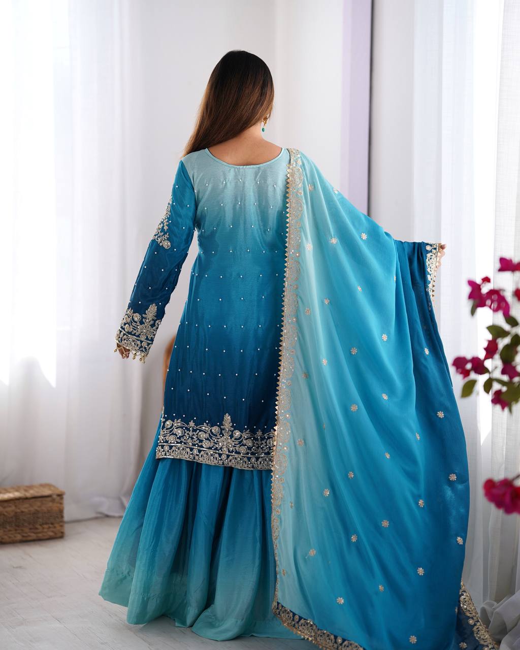 Orchid Gold Embroidered Chiffon Suit – 3 Piece