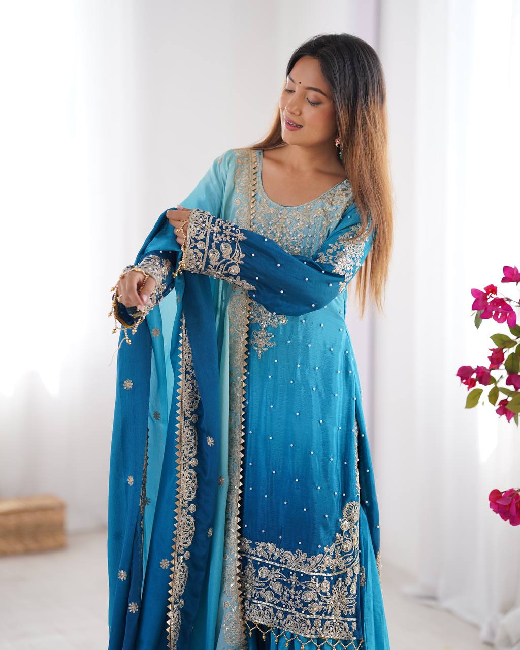 Orchid Gold Embroidered Chiffon Suit – 3 Piece