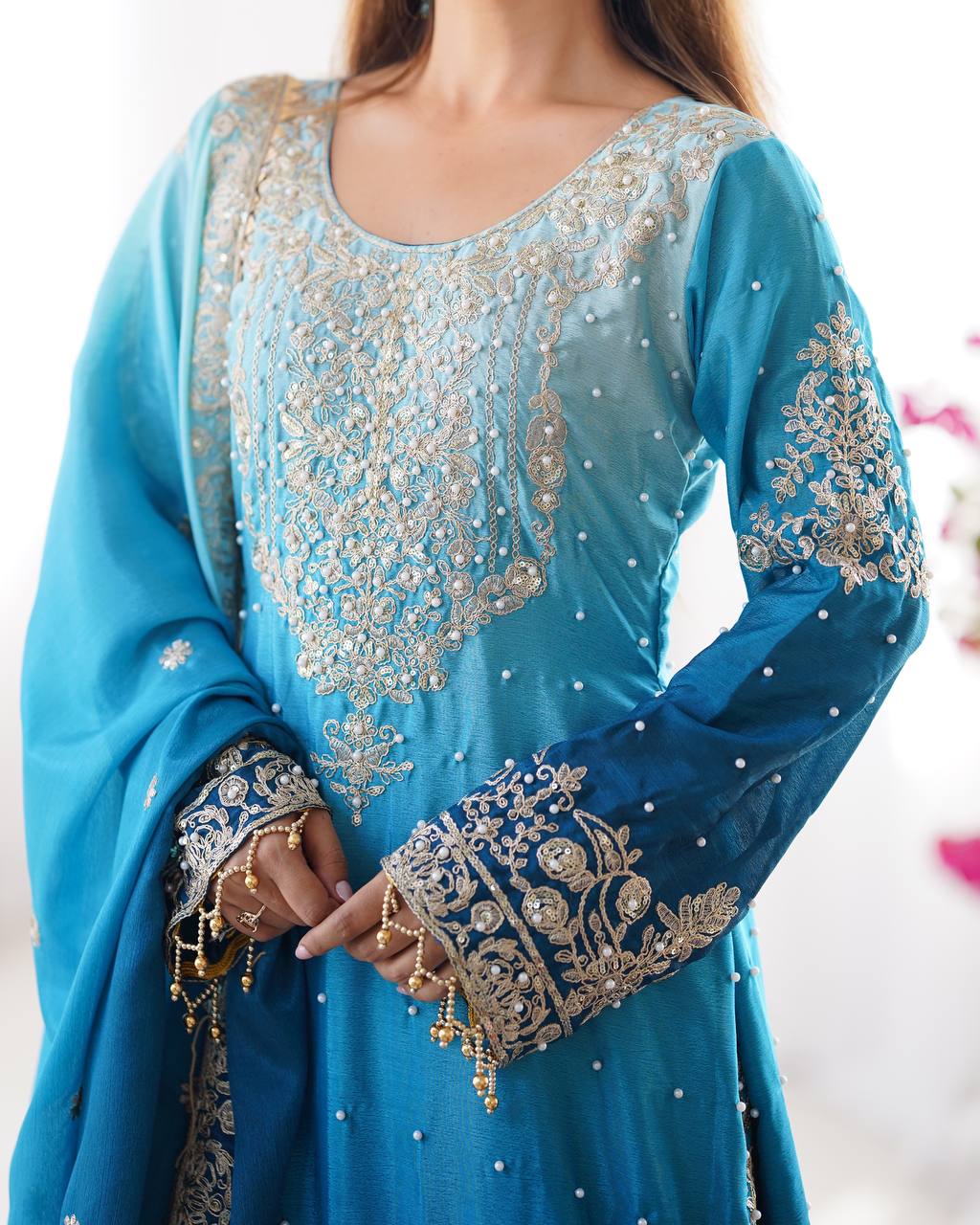 Orchid Gold Embroidered Chiffon Suit – 3 Piece