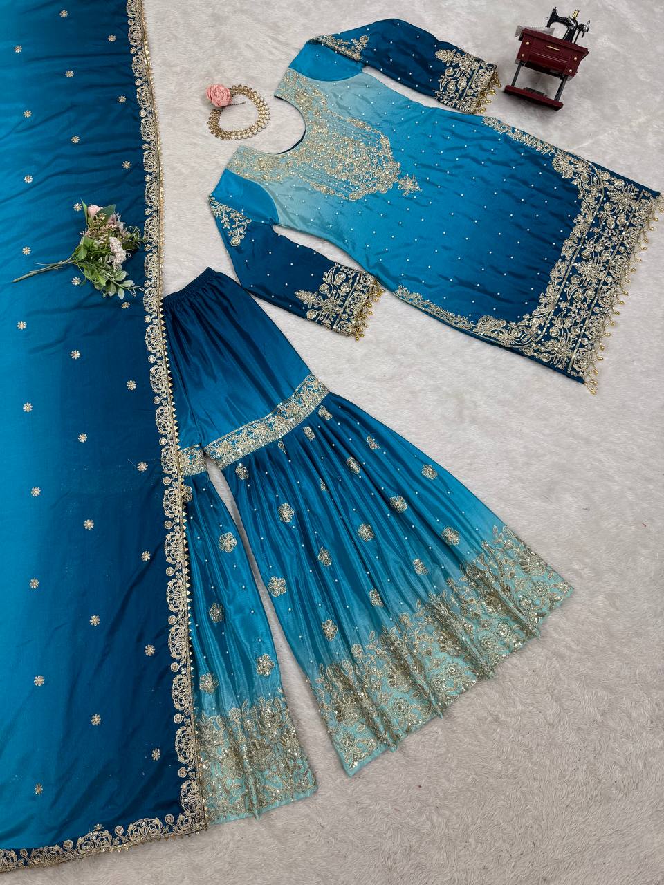 Orchid Gold Embroidered Chiffon Suit – 3 Piece