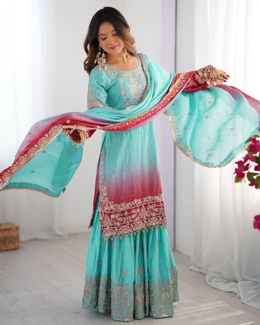 Orchid Gold Embroidered Chiffon Suit – 3 Piece