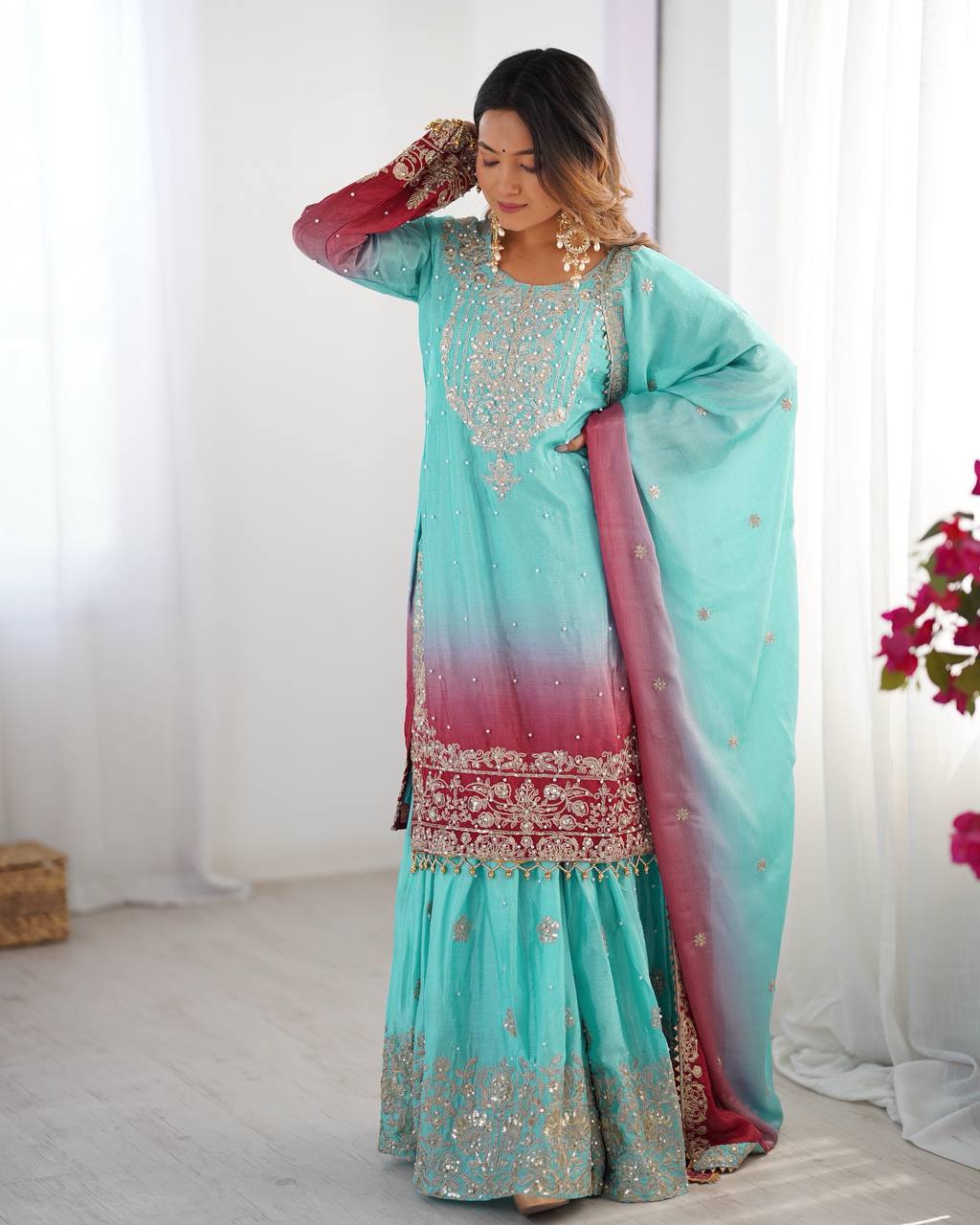 Orchid Gold Embroidered Chiffon Suit – 3 Piece