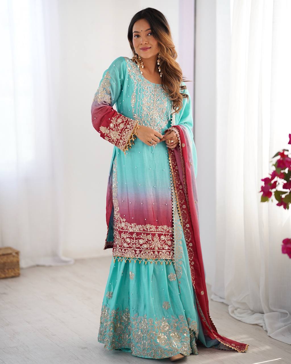 Orchid Gold Embroidered Chiffon Suit – 3 Piece