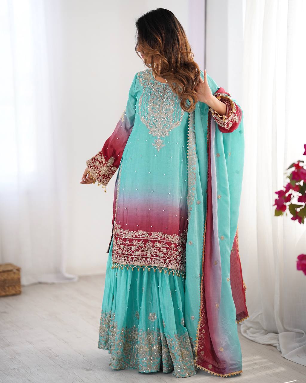 Orchid Gold Embroidered Chiffon Suit – 3 Piece