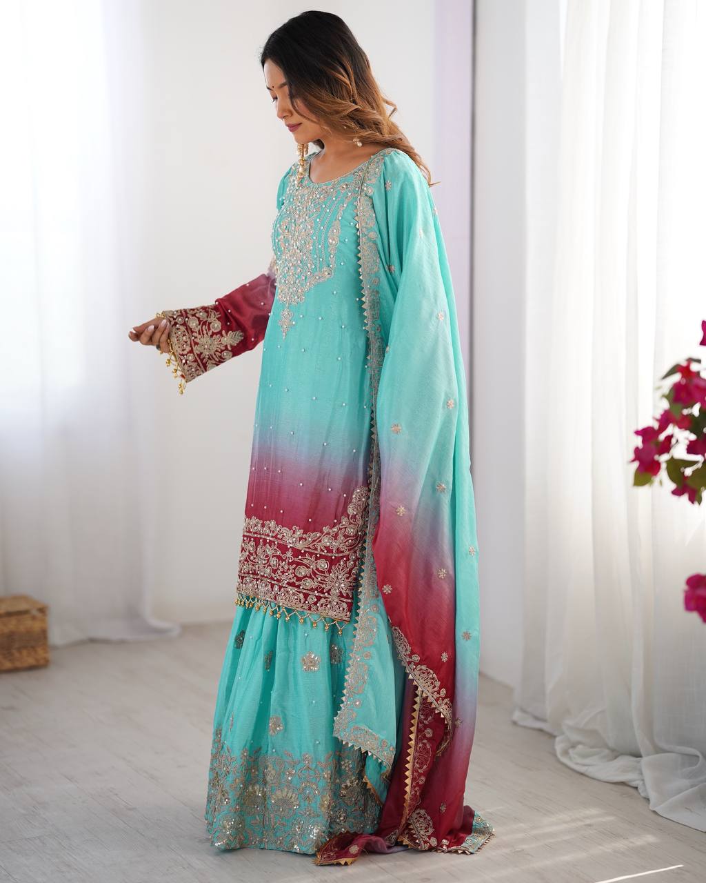 Orchid Gold Embroidered Chiffon Suit – 3 Piece