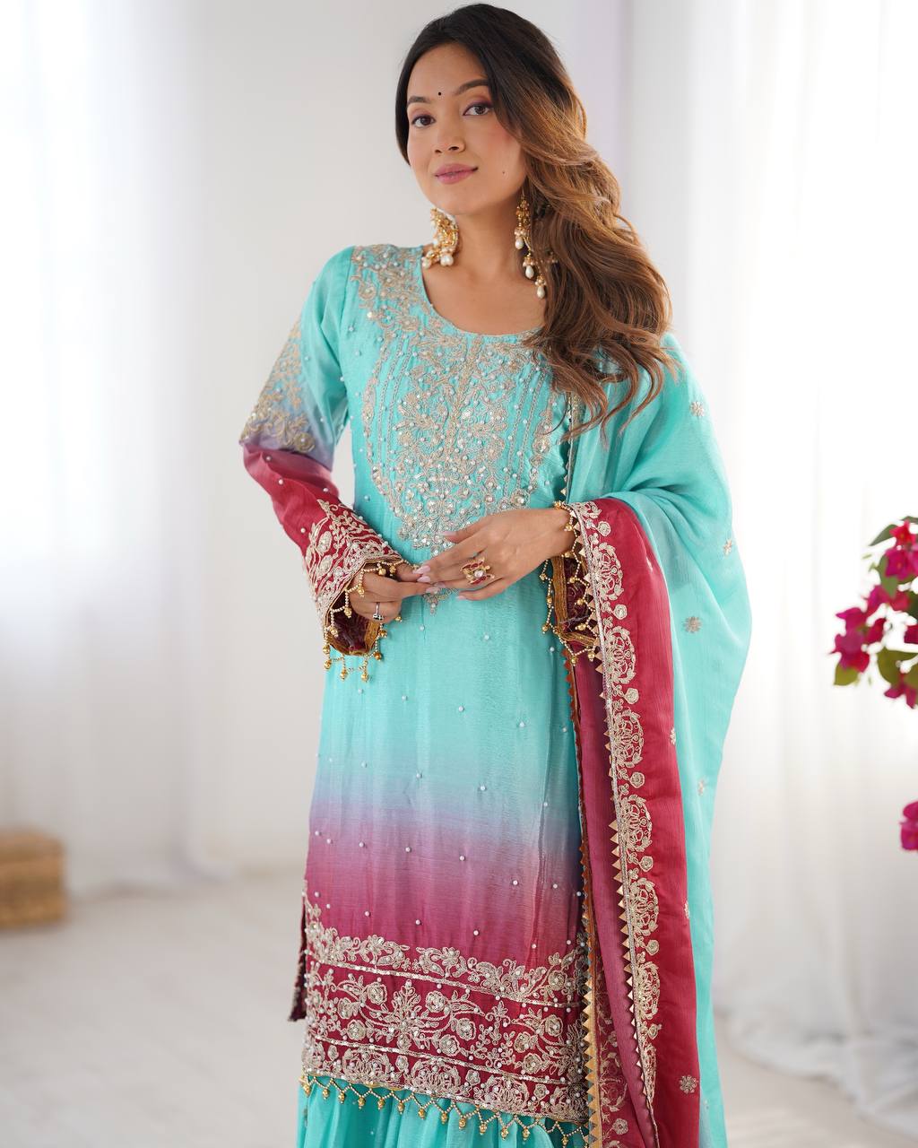 Orchid Gold Embroidered Chiffon Suit – 3 Piece