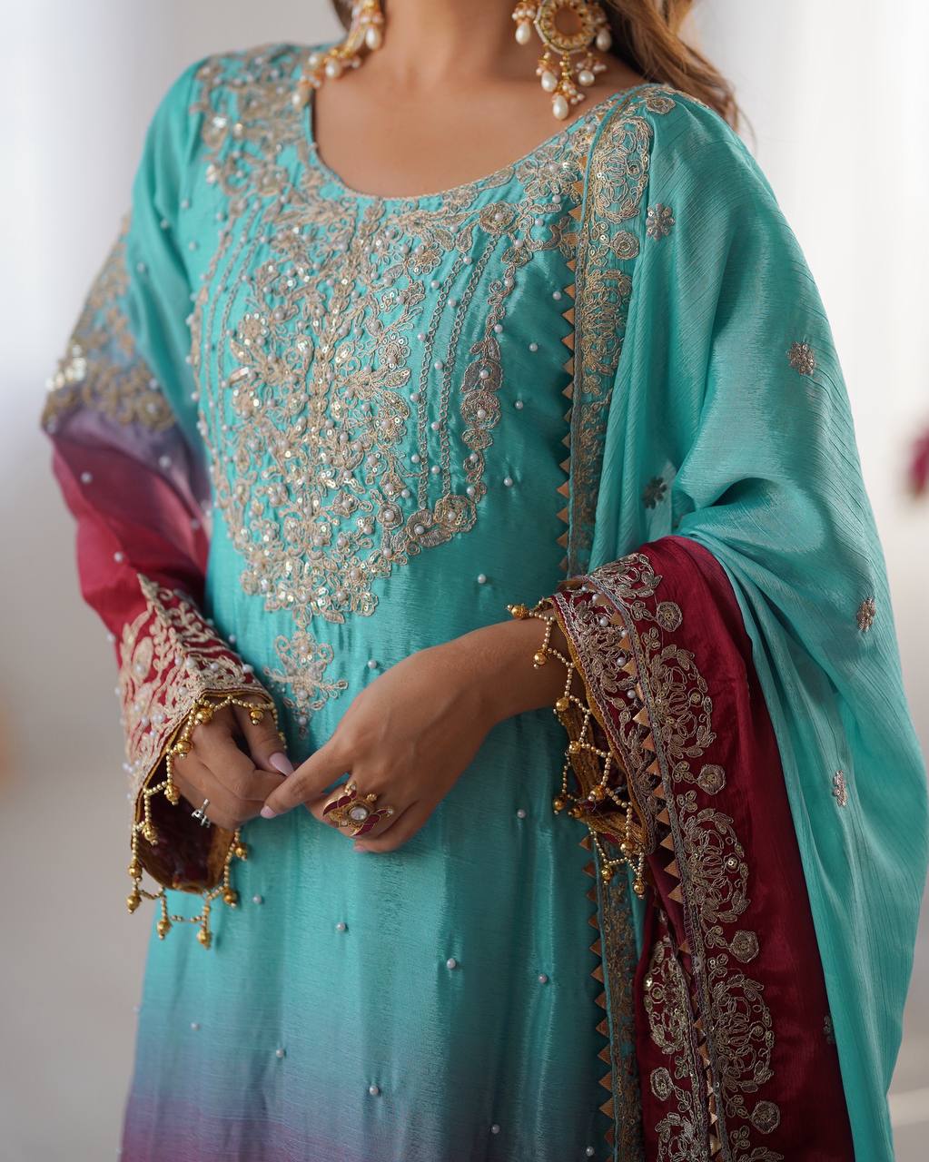 Orchid Gold Embroidered Chiffon Suit – 3 Piece