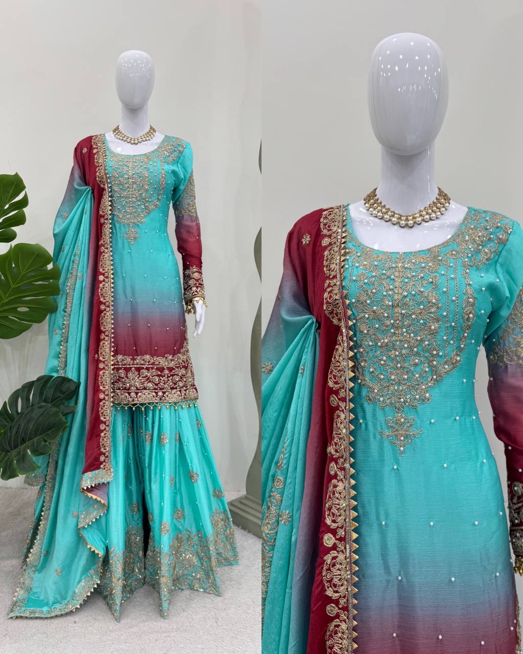 Orchid Gold Embroidered Chiffon Suit – 3 Piece