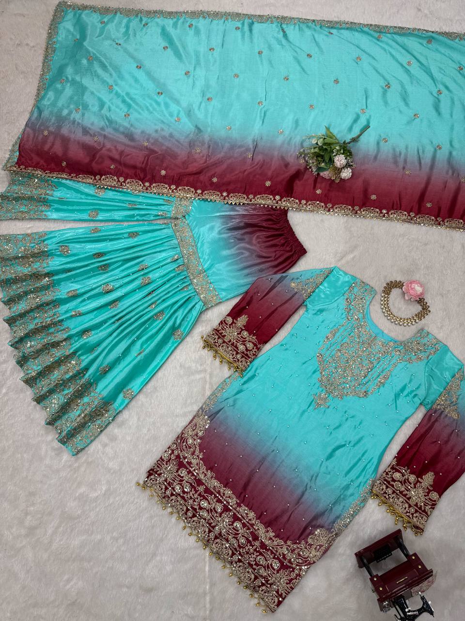 Orchid Gold Embroidered Chiffon Suit – 3 Piece