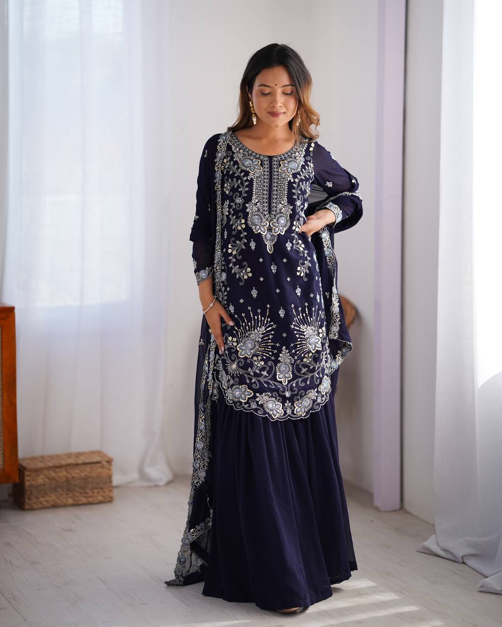Midnight Elegance Embroidered Sharara Set